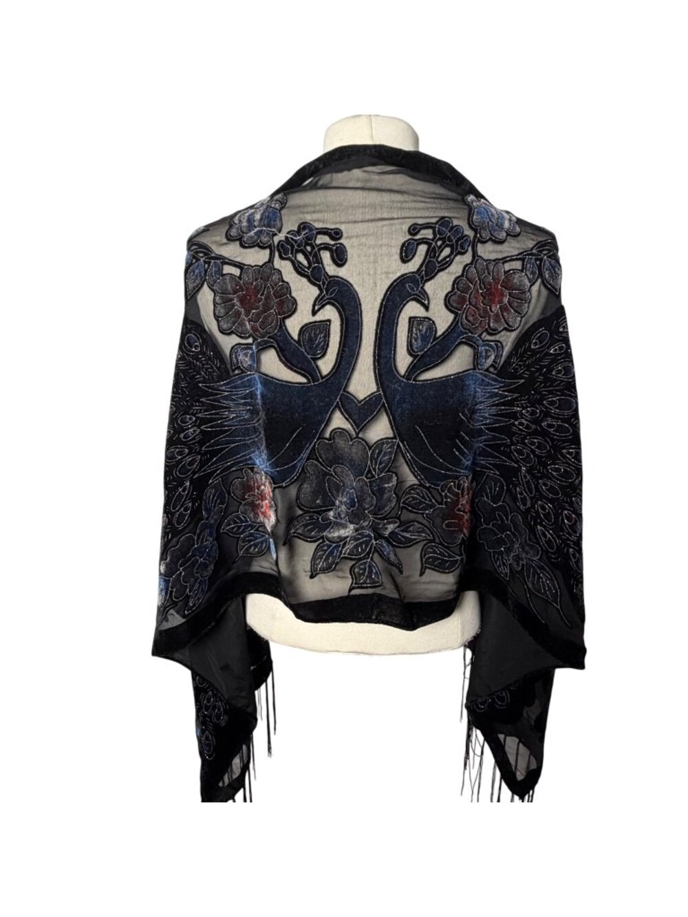 Velvet Burnout Peacock Kimono Shawl Wrap With Fringe Black Silk Blend Whimsigoth